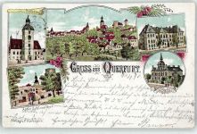 06268 O4240 Querfurt Lithographie / Künstlerkarte 1898 Rathaus altes Schlosstor Schule Stände Haus