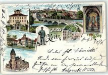 06712 O4900 Zeitz , Elster Lithographie / Künstlerkarte 1896 Schloss Postamt Drahtseilbahn Brücke