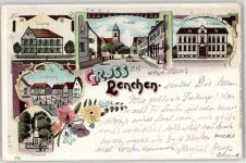 77871 W7592 Renchen 1912 Lithographie Hospital Schulhaus Marktplatz Denkmal