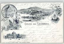 71229 W7250 Leonberg , Württ 1899 Lithographie Stadtkirche Rathaus Löwen Apotheke Solitude