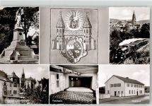 74736 W6969 Hardheim , Odenw - Stadtkirche Festhalle Postamt Eisenbahn Dampflok Denkmal