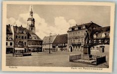 01896 O8514 Pulsnitz - Marktplatz Rietscheiddenkmal Hotel Schützenhaus