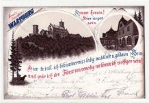 Gruß von der Wartburg bei Eisenach i. Thür. Wartburg Restauration gelaufen 1899. Oxydationsspuren an den Rändern, sonst gut erhalten.