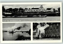 64579 W6084 Gernsheim , Rhein - Gasthaus Rheinterrasse Rheingold Binnenschiff Dampfer Peter Schöffer Denkmal mit Schule