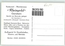 64579 W6084 Gernsheim , Rhein - Gasthaus Rheinterrasse Rheingold Binnenschiff Dampfer Peter Schöffer Denkmal mit Schule
