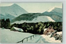 Wolfshau Wilcza Poreba Künstlerkarte Winter Wollfshau mit Schneekoppe Riesengebirge Farbige Radierung von Friedrich Iwan