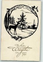 Neujahr Eichhörnchen Jagdtier Reh Winterlandschaft Glückwunsch Scherenschnitt 1930 Künstlerkarte