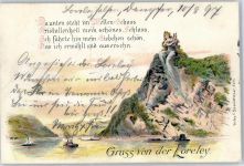 56346 W5421 Loreley 1897 Lithographie / Künstlerkarte Gruß von der Loreley