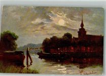 Boote vor einer Uferpromenade im Mondschein Gerstenhauer, J. G. 1910 Künstlerkarte