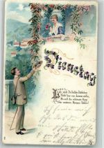 Prägedruck Dienstag Junge Frau schenkt Mann zum Abschied eine Rose Poesie / Liebe Tag 1907 Gebrauchsspuren