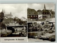 02681 O8605 Schirgiswalde Foto AK Spreebrücke Umgebindehaus Untermarkt Gondelteich Kirche Auto Ruderboot