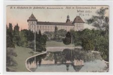 Wien K.k. Hochschule für Bodenkultur, Hochschulstrasse 24. Teich im Türkenschanz - Park gelaufen, 1908. leichte Abschürfungen, Vorder- und Rückseite stockfleckig, kleiner Knick unten links, sonst gut erhalten