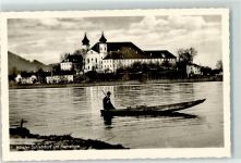82439 W8118 Schlehdorf Foto AK Kloster Kochelsee Mann Ruderboot