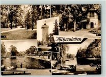 06449 O4320 Aschersleben , Sachs-Anh Foto AK Stephanspark Städtisches Freibad Auf der Alten Burg Gondelteich Westdorfer Warte