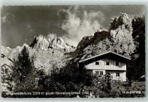 Mittenwalder Hütte Foto AK gegen Karwendelspitzen Hüttenstempel