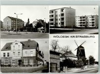 17348 O2152 Woldegk Gebrauchsspuren Marktplatz Neubauten Hotel Ratskeller Windmühle