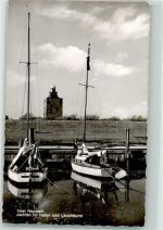 27499 W2000 Neuwerk Insel 1959 Foto AK Leuchtturm Hafen Sportboote