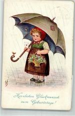 Kind Regenschirm Brief Korb mit Blumen Geburtstag Scheuermann, W. 1912