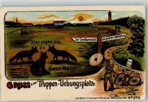 W8484 Grafenwöhr Gruss vom Truppenübungsplatz wo die Füchse sich Gute Nacht sagen Humor Fahrrad Verlag Freund & Co. No. 275 Ort lt. Feldpoststempel Kaserne 1917 Künstlerkarte