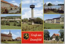 37127 W3402 Dransfeld - Ortspartie, Freibad, Kirche, Turmpartie, Schule