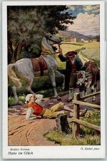 Hans im Glück Pferd Kuh Mann Stadt sign. O. Kubel Serie 173 No. 3988 Märchen Künstlerkarte