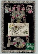 Frau Glückwunsch Klee Stiefmütterchen Blumenkorb Staffelei