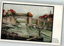 79725 W7887 Laufenburg , Baden Lithographie / Künstlerkarte sign. Liebmann Alte Rheinbrücke