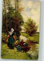 Bauersleute befüllen ein Ruderboot mit Milchkannen Gerstenhauer, J. G. 1902 Künstlerkarte