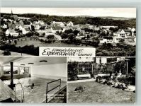 65391 W6223 Espenschied Foto AK Panorama des Ortes mit Sankt-Nikolaus-Kirche Schwimmbad vom Hotel Esplande Parkanlage