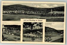 63933 W8761 Mönchberg , Spessart Gebrauchsspuren Panorama des Ortes mit Kirche St. Johannes Schwimmbad Notopfermarke