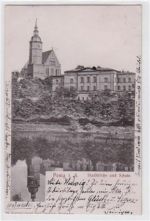 Reliefkarte von Penig. Stadtkirche Schule gelaufen am 24.09.1905. Leicht bügig, sonst gut erhalten