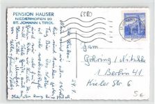St. Johann in Tirol. Pension Hauser, Niederhofen 20 gelaufen. Leichter Schrift- und Stempeldurchdruck, sonst gut erhalten