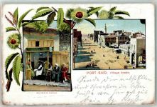 Port Said 1904 Lithographie Village Arabe Boutique de Coiffeur