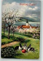 Verlag Stroefer Serie 1456 Ostern Hasen Osterei blühende Bäume Schönian, A. 1921