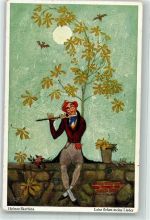 Mann spielt Querflöte unter dem von Fledermäusen umschwirrten Vollmond Primus Verlag Wohlgemuth & Lissner No. 5213 Skarbina, H. Künstlerkarte
