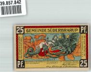 24392 W2347 Süderbrarup 1921 Notgeldschein 25 Pfennig Der dänische König wird von einem deutschen Drachen verschlungen