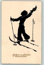 Neujahr Kind auf Ski Glückwunsch Scherenschnitt 1964