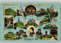 72525 W7420 Münsingen , Württ Foto AK Tracht Schwäbische Alp Burg Teck Lichtenstein Hohenzollern Höhle Ort lt. Stempel