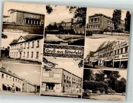 06749 O4400 Bitterfeld Foto AK Gasthaus Kulturpalast Lutherhaus Schule Geschäft Straße der Republik