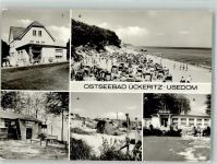 17459 O2235 Ückeritz , Usedom Foto AK Schwimmbad Strand Cafe Fischerhütte Campingplatz