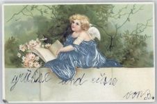 Engel Buch lesen Stoffapplikation Lithographie