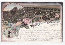 Lithographie Gruß aus dem Rosarium in Leimbach. Partie im grossen Rondel, im Rosenhain und im Saal gelaufen von 1899, Marke entfernt kleiner Knick oben links, Oxydationsspuren an den Rändern, sonst gut erhalten.