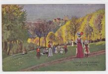 Künstlerkarte Ausblick vom Kahlenberg auf den Leopoldsberg mit Frauen und Kinder gelaufen 1913. Ecke n leicht bestoßen, sonst gut erhalten