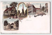 Lithographie Gardeleben mit St. Marien Kirche, Kriegerdenkmal, Salzwedeler Thor und Rathaus ungelaufen Oxydationsspuren, am Rand oben leicht begradigt, sonst gut erhalten
