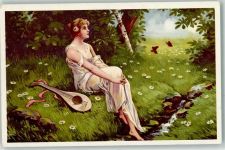 Träumerei Frau Mandoline Nr.310 Wenau Künstlerkarte