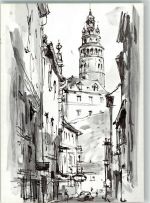 Cesky Krumlov Krumau Lithographie / Künstlerkarte sign. Prof. O. Kreibich