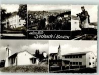 74743 W6966 Seckach Foto AK Rathaus Statue Ev. Kirche Kirche St. Sebastian Fotograf Alfred Dittmann