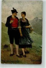 sign. Schmidt, Mathias Alpenbauer verabschiedet sich von seiner Frau in Tracht Moderne Meiser No. 18 WK II Künstlerkarte