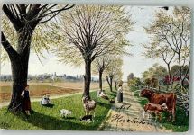 H.S.M. Wald u. Feld Ziegen Kühe Kinder Müller, A. (München) 1902 Künstlerkarte