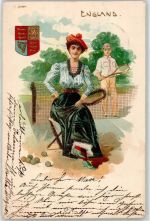England Frau Tennis Lithographie